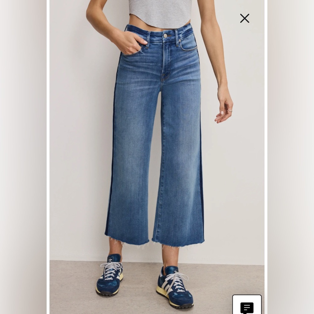 Good American Two-Tone Blue Wide Leg Crop Jeans